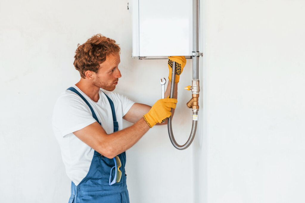 A man wearing overalls and gloves repairs a water heater, demonstrating hands-on maintenance skills in a home setting.