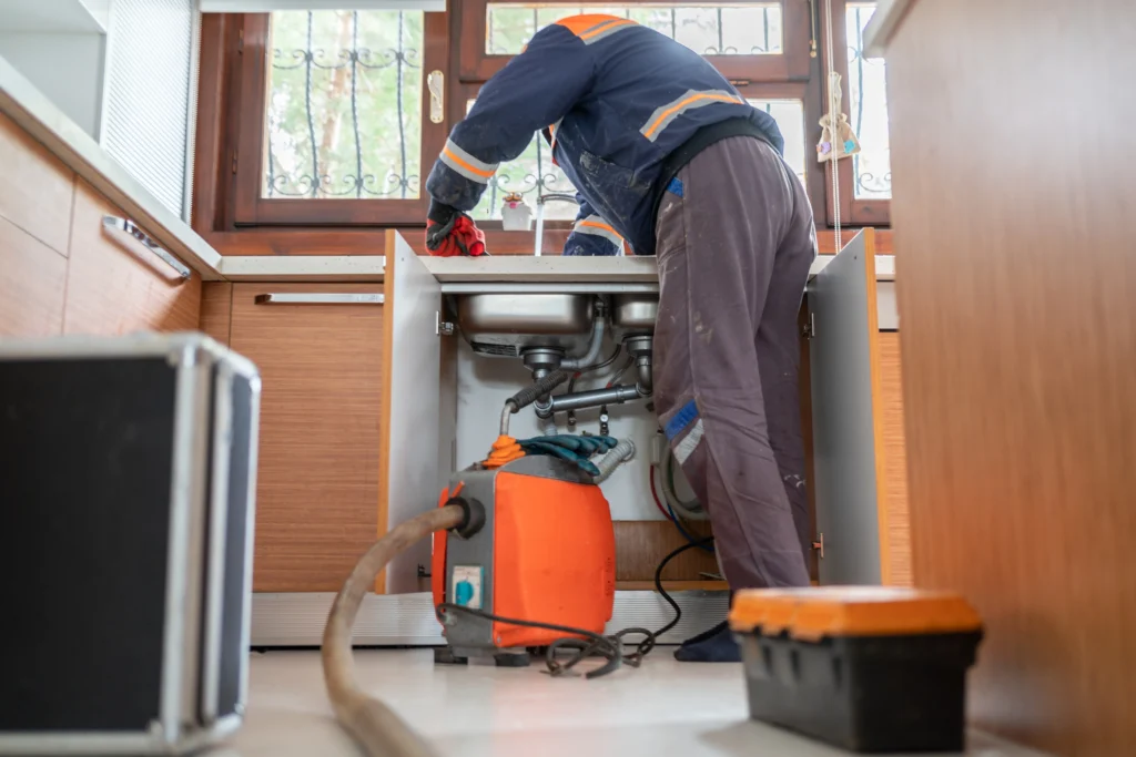 A man repairs a kitchen sink while using a vacuum to clean up debris and maintain a tidy workspace.